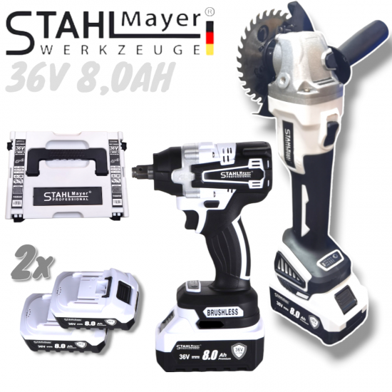 2в1 Акумулаторна Ъглошлайф 125мм и Акумулаторен Ударен Гайковерт (Импакт) Безчетков 36V 8,0AH STAHLMAYER 2 Батерии 2в1 Акумулаторна Ъглошлайф 125мм и Акумулаторен Ударен Гайковерт (Импакт) Безчетков 36V 8,0AH STAHLMAYER 2 Батерии