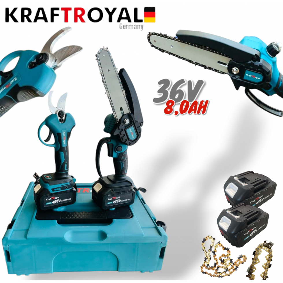 2в1 Акумулаторна Резачка с Автоматично Смазване на Веригата и Лозарска Ножица за Клони 36V 8,0AH KRAFTROYAL казанче за масло 2 батерии в куфар 2в1 Акумулаторна Резачка с Автоматично Смазване на Веригата и Лозарска Ножица за Клони 36V 8,0AH KRAFTROYAL казанче за масло 2 батерии в куфар