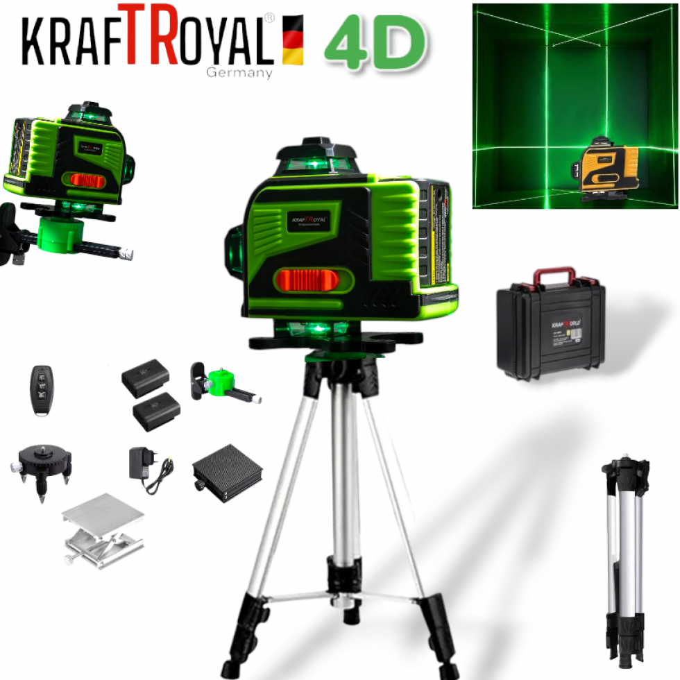 4D Самонивелиращ Лазерен Нивелир 5V 6AH 4Д камери с 16 линии KRAFTROYAL и зелен лазер + Дистанционно и тринога стойка 4D Самонивелиращ Лазерен Нивелир 5V 6AH 4Д камери с 16 линии KRAFTROYAL и зелен лазер + Дистанционно и тринога стойка