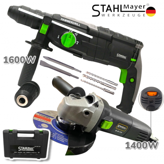 Ударен Електрически Перфоратор 1600W и Ъглошлайф 1400W 125мм STAHLMAYER Пробивна Бормашина + Флекс на ток