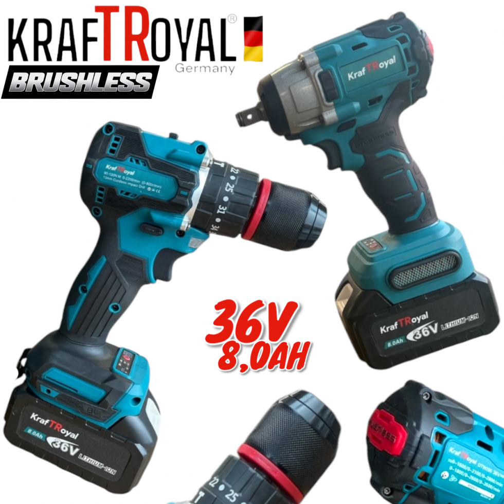 Винтоверт и Гайковерт Комбиниран 2в1 Акумулаторен Комплект 36V 8,0AH KRAFTROYAL 2 Батерии в Куфар Винтоверт и Гайковерт Комбиниран 2в1 Акумулаторен Комплект 36V 8,0AH KRAFTROYAL 2 Батерии в Куфар