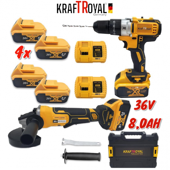 Акумулаторен Винтоверт с Метален Патронник и Акумулаторен Ъглошлайф 125мм Безчетков KRAFTROYAL 36V 8,0AH Шлайф и Бормашина 4 батерии 2 зарядни устройства ПРОМО КОМПЛЕКТ