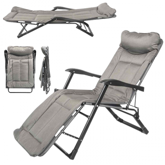 Усилен Шезлонг Походно Легло Сив и Черен до 200кг