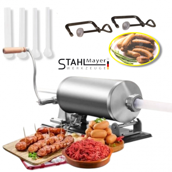 Пълначка за Месо и Наденици Суджук др. с Метален Плот 4 литра кг. 4 броя фуния STAHLMAYER 17мм 21мм 25мм и 29мм Пълначка за Месо и Наденици Суджук др. с Метален Плот 4 литра кг. 4 броя фуния STAHLMAYER 17мм 21мм 25мм и 29мм
