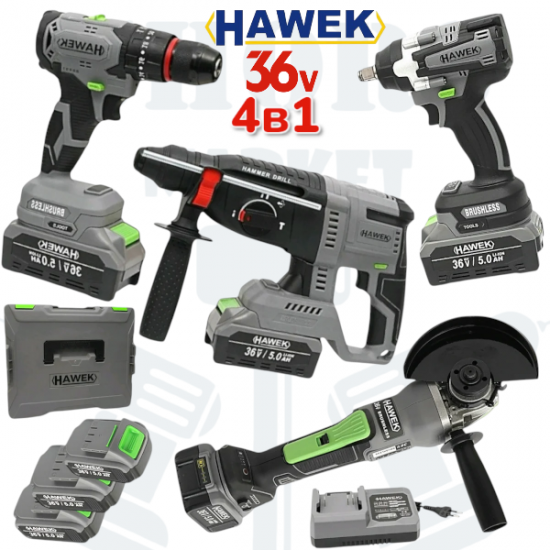 Акумулаторен Перфоратор Ъглошлайф 125мм Комбиниран Гайковерт/Импакт и Винтоверт 36V Батерии в Куфар HAWEK 3 Батерии 4в1