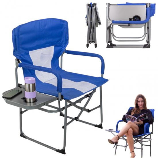 Сгъваем Стол за Къмпинг Риболов Метална Конструкция, с поставка за чаша 46x50x 93см син Рибарски