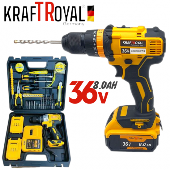 Винтоверт Акумулаторен Безчетков Бормашина KRAFTROYAL 36V 8.0AH 2x Батерии + 40 части Инструменти