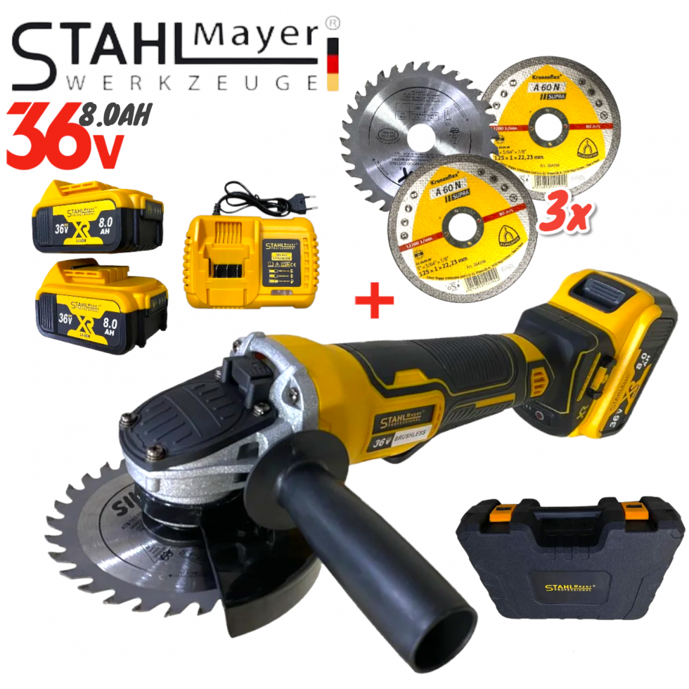 Акумулаторен Ъглошлайф 36V 8,0AH 125mm с ПОДАРЪК 3 броя диск за дърво Акумулаторен Ъглошлайф 36V 8,0AH 125mm с ПОДАРЪК 3 броя диск за дърво