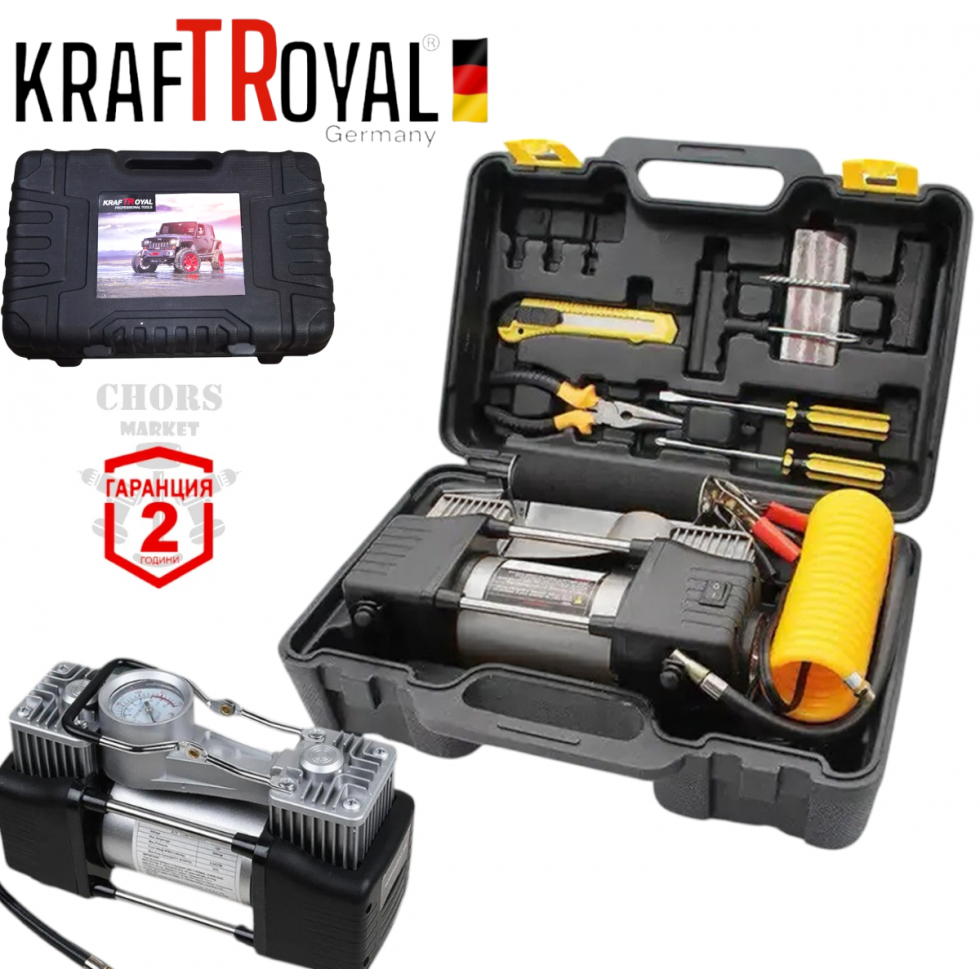 Компресор Двубутален за Помпане на Гуми с Led Фенер Маркуч за въздух Филитили и накрайници Комплект Пътна Помощ KRAFTROYAL Компресор Двубутален за Помпане на Гуми с Led Фенер Маркуч за въздух Филитили и накрайници Комплект Пътна Помощ KRAFTROYAL