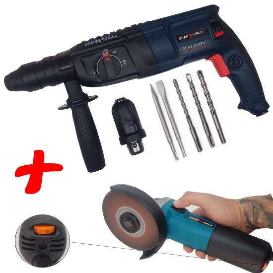 ПРОМО ПАКЕТ 2в1 Електрически Перфоратор Бормашина Къртач 1600W KRAFT + Ъглошлайф 125мм KRAFT 1400W 220V шлайф флекс на ток