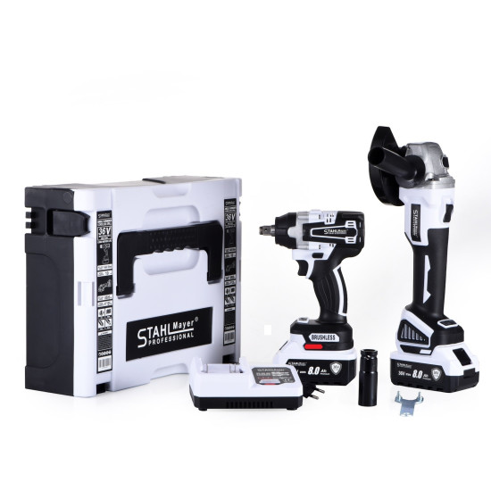 2в1 Акумулаторна Ъглошлайф 125мм и Акумулаторен Ударен Гайковерт (Импакт) Безчетков 36V 8,0AH STAHLMAYER 2 Батерии