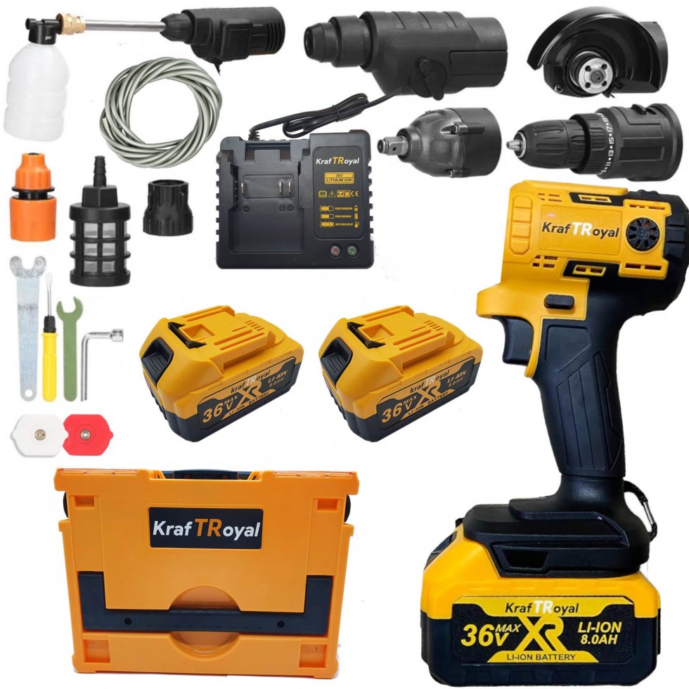 5в1 Мултифункционален Инструмент 5 Приставки Сменяеми KRAFTROYAL 36V Водоструйка Винтоверт Гайковерт-Импакт Перфоратор и Ъглошлайф Акумулаторен 2х Батерии 5в1 Мултифункционален Инструмент 5 Приставки Сменяеми KRAFTROYAL 36V Водоструйка Винтоверт Гайковерт-Импакт Перфоратор и Ъглошлайф Акумулаторен 2х Батерии