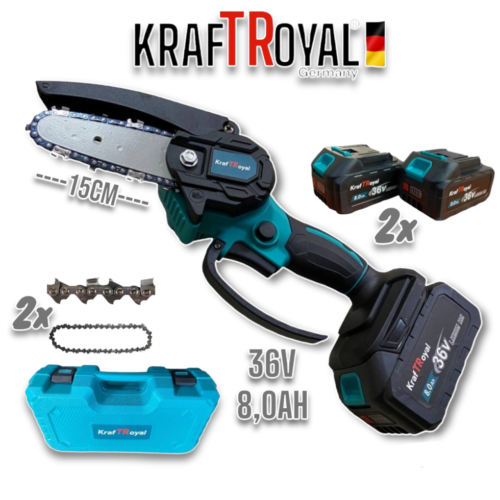 Акумулаторна Резачка за Клони 36V 8,0AH Безжичен Верижен Трион 2 вериги KRAFT ROYAL Акумулаторна Резачка за Клони 36V 8,0AH Безжичен Верижен Трион 2 вериги KRAFT ROYAL