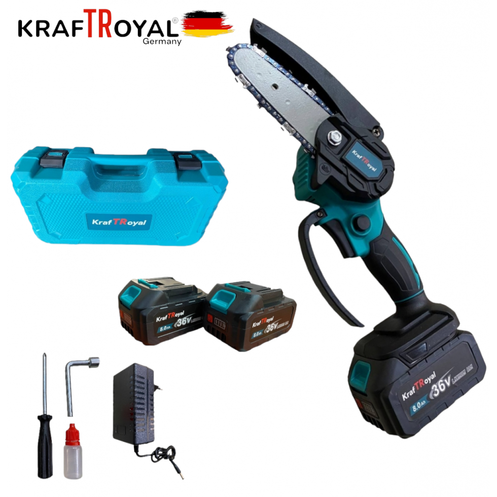 Безжична Резачка за Kлони 10см Шина KraftRoyal 36V 8,0AH Верижен Трион Безжична Резачка за Kлони 10см Шина KraftRoyal 36V 8,0AH Верижен Трион