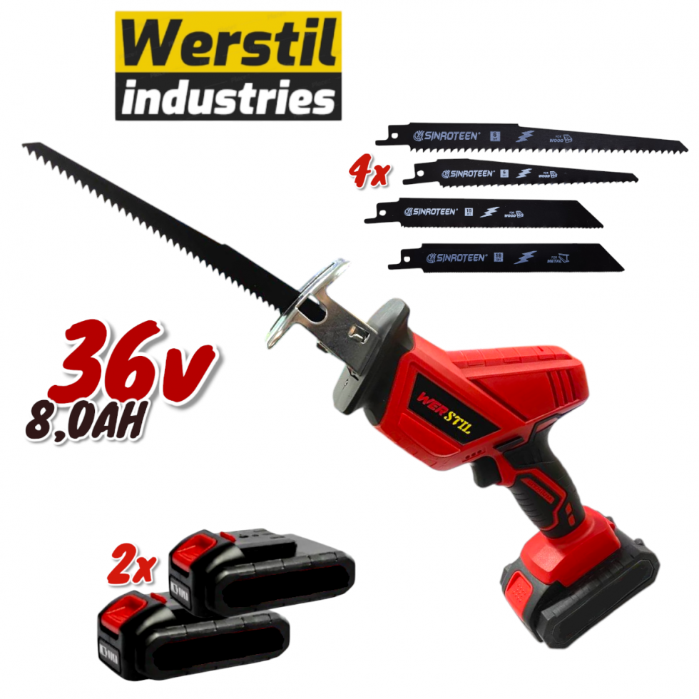 Акумулаторен Мини Саблен Трион 36V 8,0AH WERSTIL Безжичен Прав за Месо, Метал, Дърво, Пластмаса Трион 4 Ножа 2 Батерии Акумулаторен Мини Саблен Трион 36V 8,0AH WERSTIL Безжичен Прав за Месо, Метал, Дърво, Пластмаса Трион 4 Ножа 2 Батерии