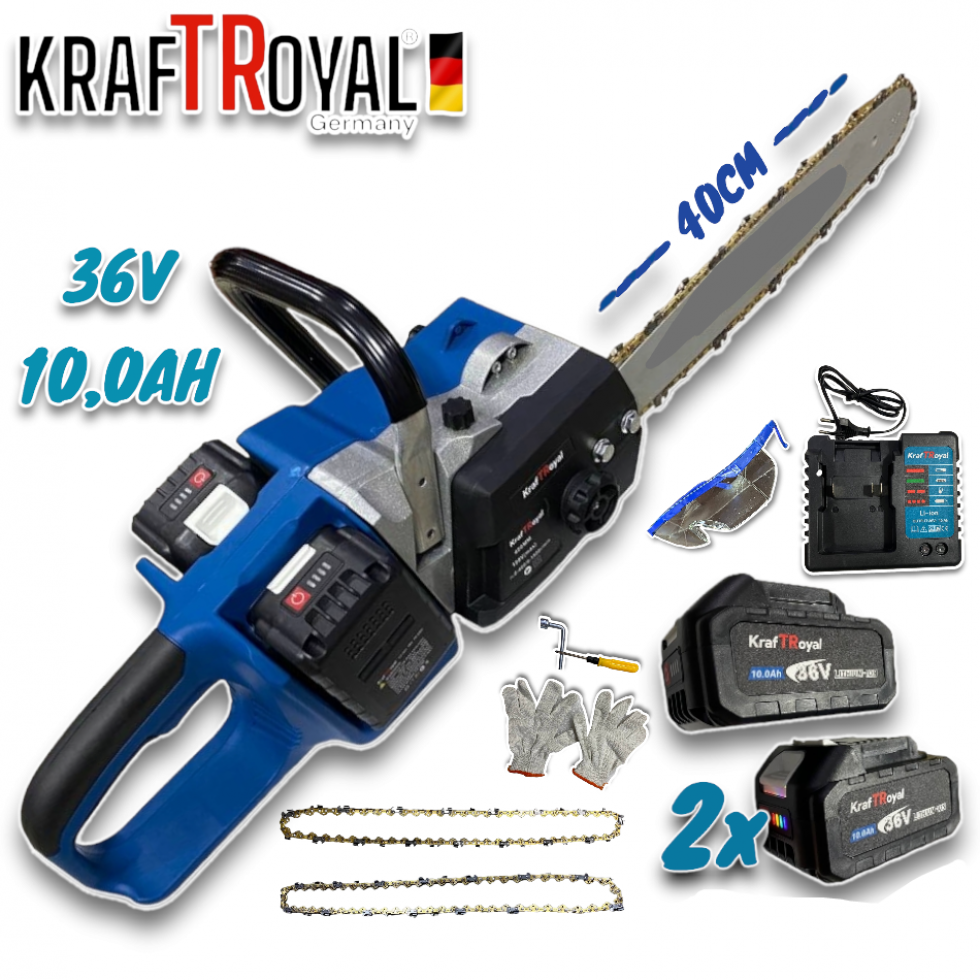 Акумулаторна Резачка за Дърва 36V KRAFT ROYAL 36V 10,0AH 40см шина 2х Батерии 2х Закалени Вериги Акумулаторна Резачка за Дърва 36V KRAFT ROYAL 36V 10,0AH 40см шина 2х Батерии 2х Закалени Вериги