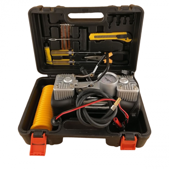 Двубутален Компресор за Гуми Помпа с Части Двуцилиндров в Куфар с Инструменти Пътна Помощ с Лед Фенер