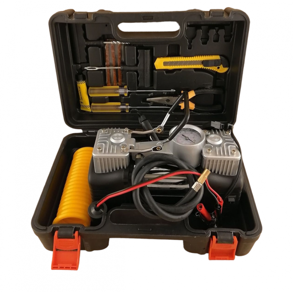 Двубутален Компресор за Гуми Помпа с Части Двуцилиндров в Куфар с Инструменти Пътна Помощ с Лед Фенер Двубутален Компресор за Гуми Помпа с Части Двуцилиндров в Куфар с Инструменти Пътна Помощ с Лед Фенер