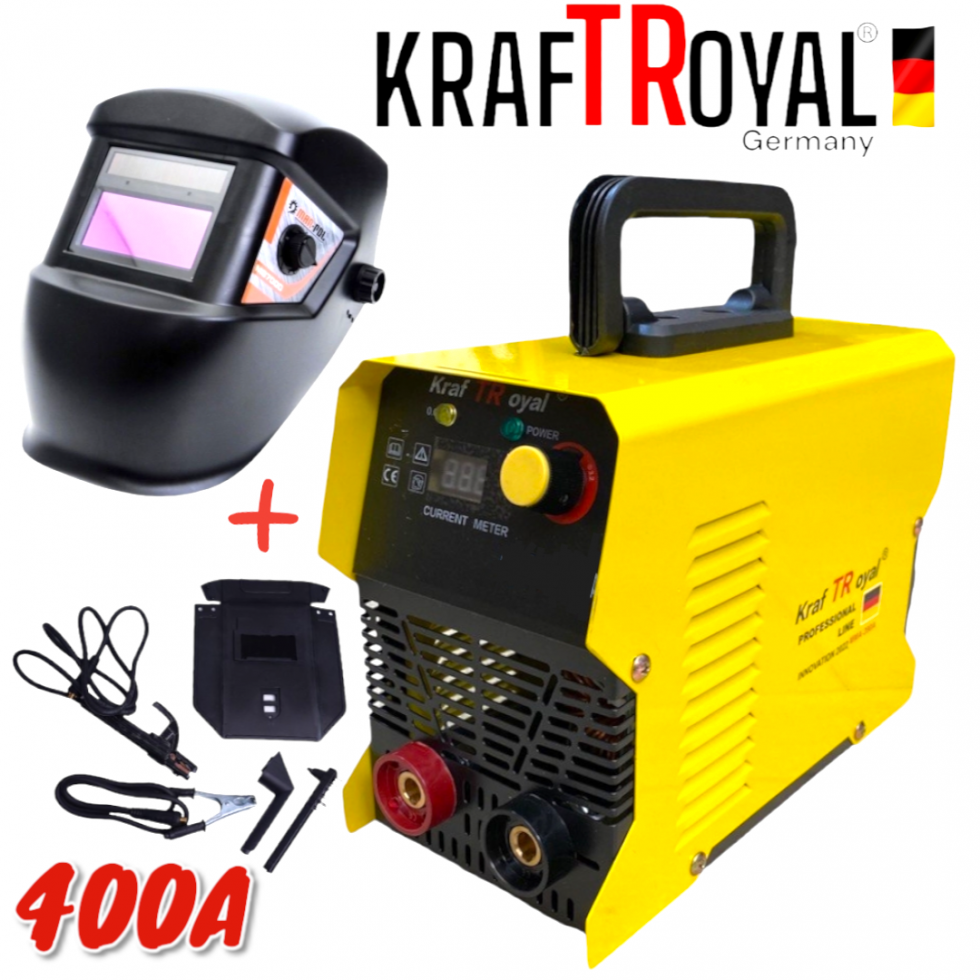 Инверторен Електрожен 400А KraftRoyal до 5мм + Соларна Маска Шлем Инверторен Електрожен 400А KraftRoyal до 5мм + Соларна Маска Шлем