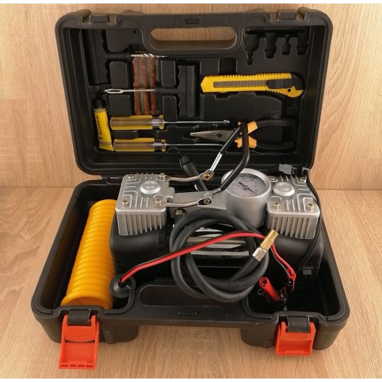 Двубутален Компресор за Гуми Помпа с Части Двуцилиндров в Куфар с Инструменти Пътна Помощ с Лед Фенер Двубутален Компресор за Гуми Помпа с Части Двуцилиндров в Куфар с Инструменти Пътна Помощ с Лед Фенер