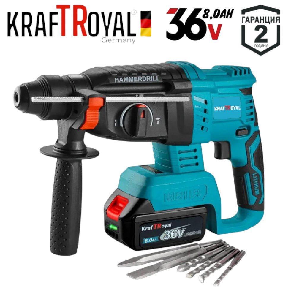 Акумулаторен Лазерен Нивелир Перфоратор Винтоверт Гайковерт-Импакт и Ъглошлайф 36V 8,0AH KRAFTROYAL Комплект 5в1 с 5 Батерии Акумулаторен Лазерен Нивелир Перфоратор Винтоверт Гайковерт-Импакт и Ъглошлайф 36V 8,0AH KRAFTROYAL Комплект 5в1 с 5 Батерии