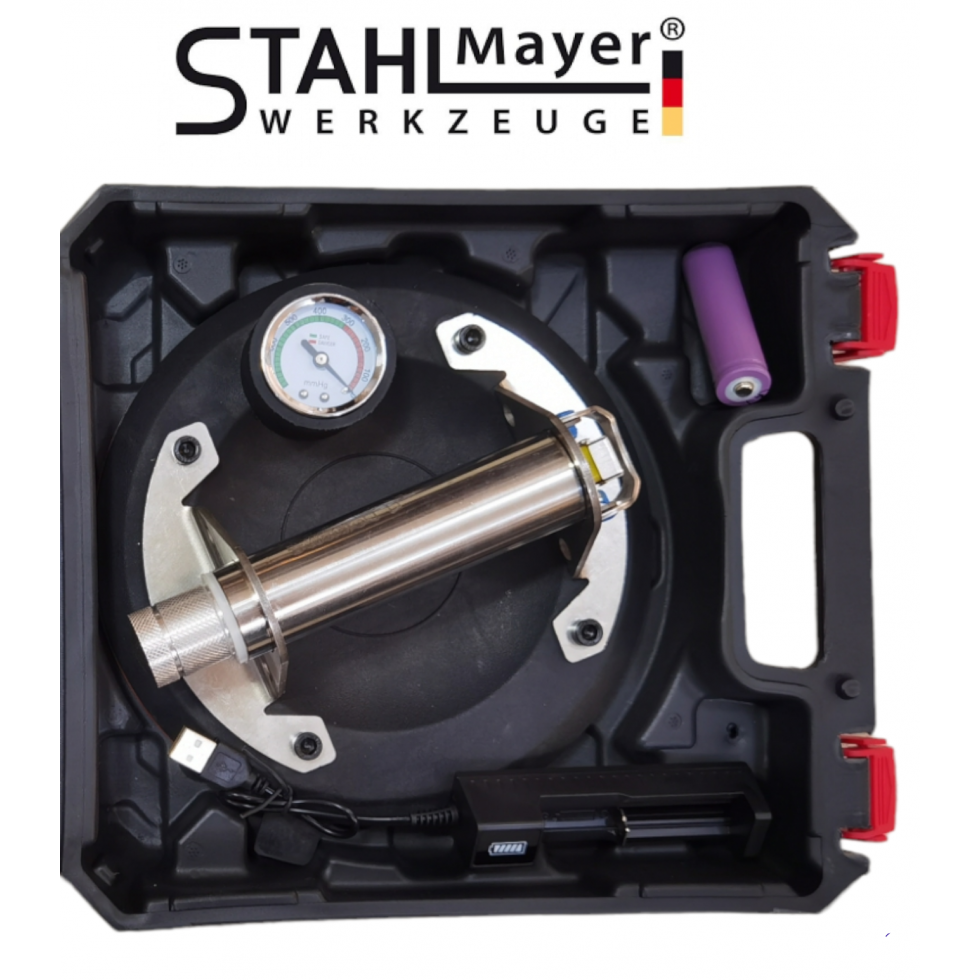 Акумулаторна Вакум Помпа за Плочки Вендуза с Манометър STAHLMAYER до 150кг Вакуум с батерия Акумулаторна Вакум Помпа за Плочки Вендуза с Манометър STAHLMAYER до 150кг Вакуум с батерия