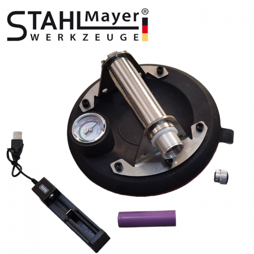 Акумулаторна Вакум Помпа за Плочки Вендуза с Манометър STAHLMAYER до 150кг Вакуум с батерия Акумулаторна Вакум Помпа за Плочки Вендуза с Манометър STAHLMAYER до 150кг Вакуум с батерия