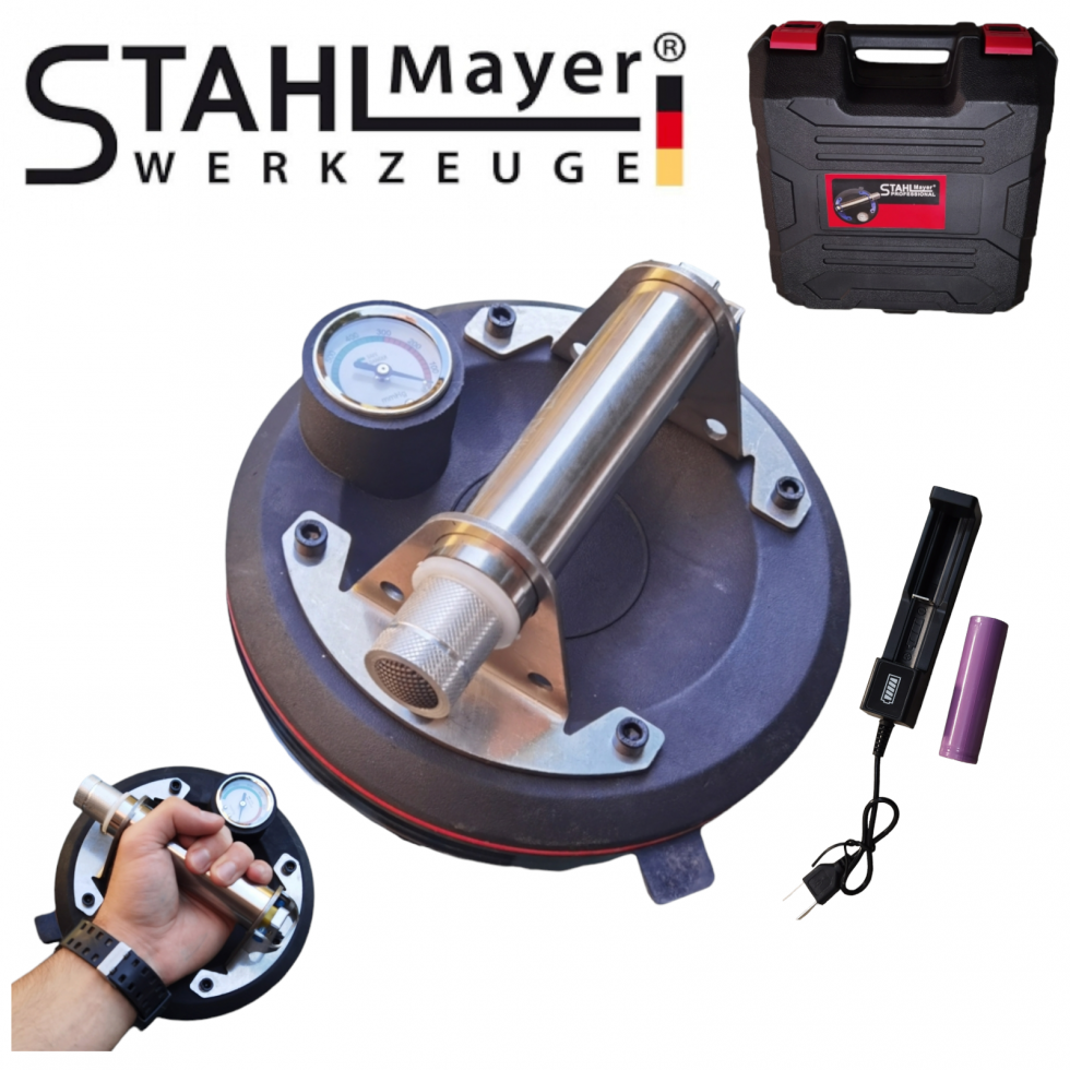 Акумулаторна Вакум Помпа за Плочки Вендуза с Манометър STAHLMAYER до 150кг Вакуум с батерия Акумулаторна Вакум Помпа за Плочки Вендуза с Манометър STAHLMAYER до 150кг Вакуум с батерия