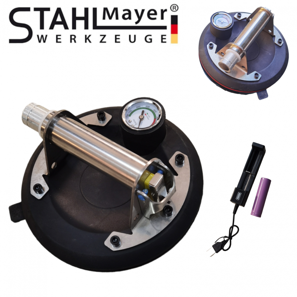 Акумулаторна Вакум Помпа за Плочки Вендуза с Манометър STAHLMAYER до 150кг Вакуум с батерия Акумулаторна Вакум Помпа за Плочки Вендуза с Манометър STAHLMAYER до 150кг Вакуум с батерия
