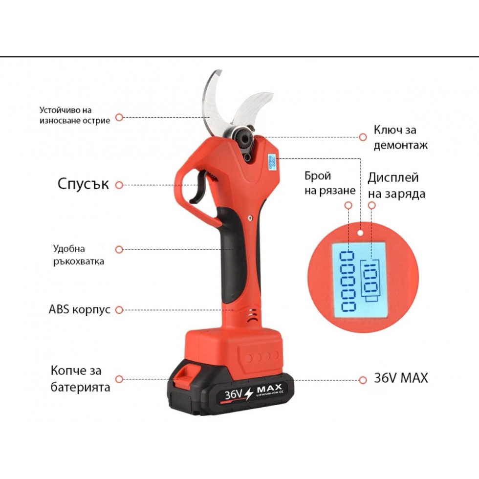 Акумулаторна Лозарска Ножица за Клони ТАЙГА 36V 8.0AH с Индикатор на Батерия + Резервен Нож Акумулаторна Лозарска Ножица за Клони ТАЙГА 36V 8.0AH с Индикатор на Батерия + Резервен Нож