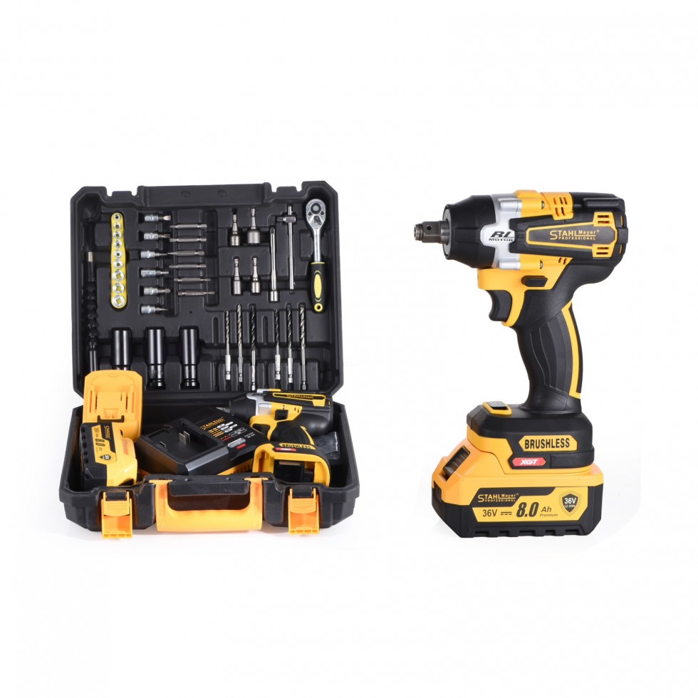 Акумулаторен Ударен Гайковерт / Импакт Комбиниран 36V 8,0AH STAHLMAYER + 40 части инструменти Безчетков 2 Батерии 850Nm Акумулаторен Ударен Гайковерт / Импакт Комбиниран 36V 8,0AH STAHLMAYER + 40 части инструменти Безчетков 2 Батерии 850Nm