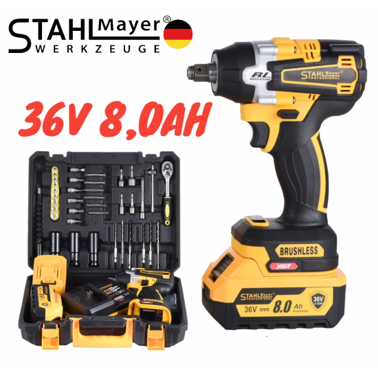 Акумулаторен Ударен Гайковерт / Импакт Комбиниран 36V 8,0AH STAHLMAYER + 40 части инструменти Безчетков 2 Батерии 850Nm
