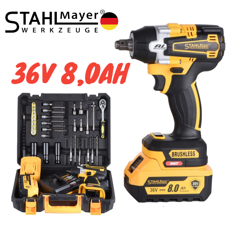 Акумулаторен Ударен Гайковерт / Импакт Комбиниран 36V 8,0AH STAHLMAYER + 40 части инструменти Безчетков 2 Батерии 850Nm Акумулаторен Ударен Гайковерт / Импакт Комбиниран 36V 8,0AH STAHLMAYER + 40 части инструменти Безчетков 2 Батерии 850Nm