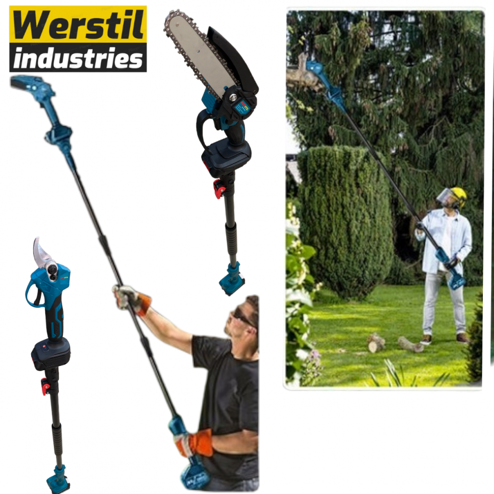 3в1 Градински Комплект Телескопичен Прът Акумулаторна Ножица и Резачка За Клони и Лозето 36V 8,0AH WERSTIL 3в1 Градински Комплект Телескопичен Прът Акумулаторна Ножица и Резачка За Клони и Лозето 36V 8,0AH WERSTIL