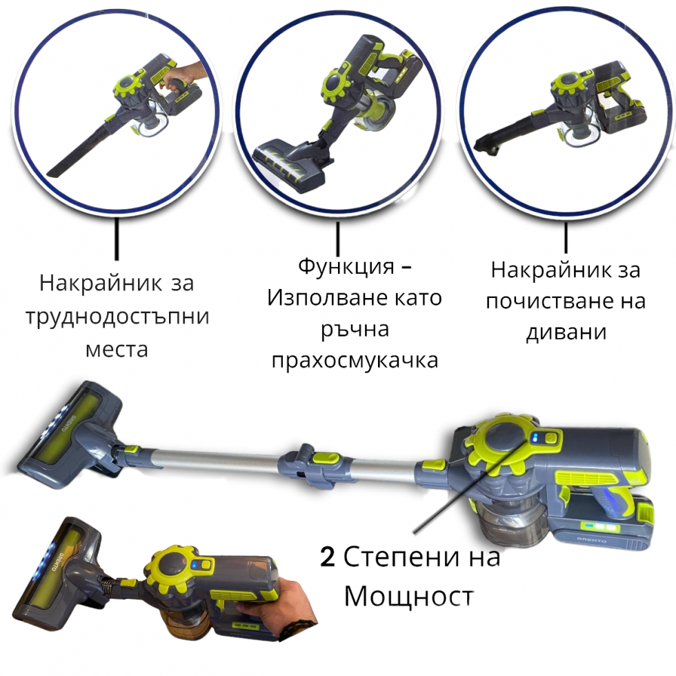 Акумулаторна Прахосмукачка GRENTO 22V Безжична с LED Осветление Вертикална Мултифункционална с Контейнер Акумулаторна Прахосмукачка GRENTO 22V Безжична с LED Осветление Вертикална Мултифункционална с Контейнер