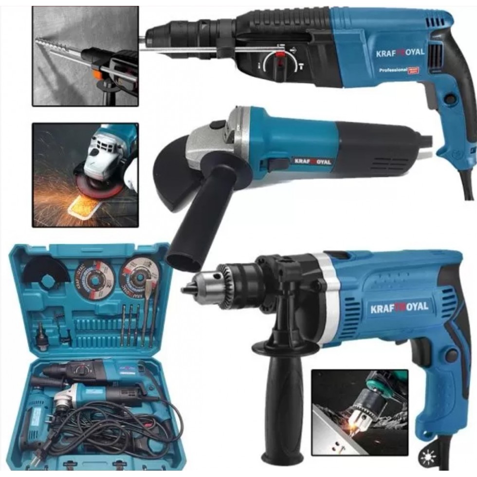 3в1 Перфоратор, Ъглошлайф 125мм и Бормашина 1400W KRAFT ROYAL + 2 Диска за Метал Накрайници и Куфар 3в1 Перфоратор, Ъглошлайф 125мм и Бормашина 1400W KRAFT ROYAL + 2 Диска за Метал Накрайници и Куфар