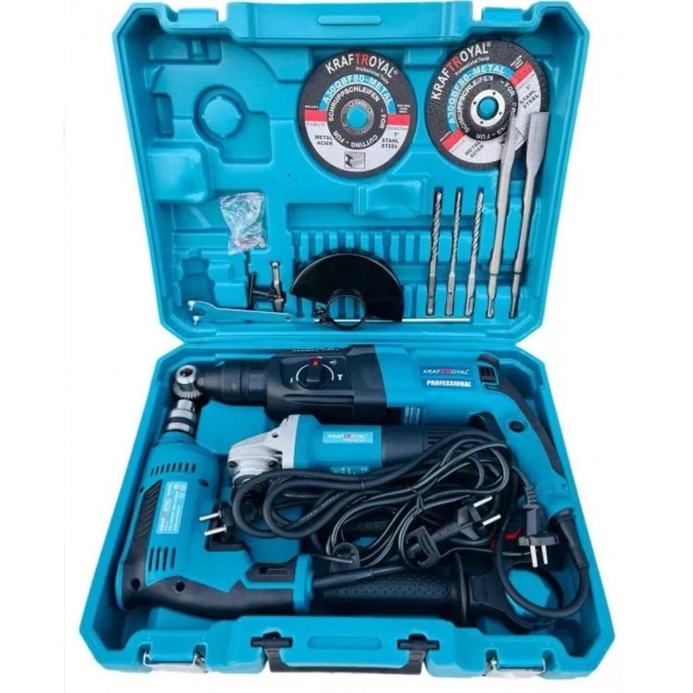 3в1 Перфоратор, Ъглошлайф 125мм и Бормашина 1400W KRAFT ROYAL + 2 Диска за Метал Накрайници и Куфар 3в1 Перфоратор, Ъглошлайф 125мм и Бормашина 1400W KRAFT ROYAL + 2 Диска за Метал Накрайници и Куфар