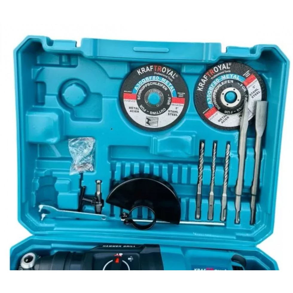 3в1 Перфоратор, Ъглошлайф 125мм и Бормашина 1400W KRAFT ROYAL + 2 Диска за Метал Накрайници и Куфар 3в1 Перфоратор, Ъглошлайф 125мм и Бормашина 1400W KRAFT ROYAL + 2 Диска за Метал Накрайници и Куфар