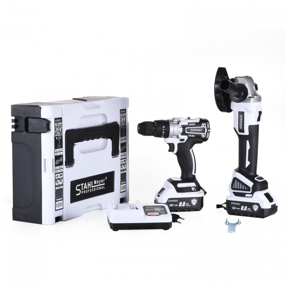 Акумулаторен Ъглошлайф 125мм и Акумулаторен Ударен Винтоверт 2в1 STAHLMAYER Метален Патронник 36V 8,0AH 2 Батерии Акумулаторен Ъглошлайф 125мм и Акумулаторен Ударен Винтоверт 2в1 STAHLMAYER Метален Патронник 36V 8,0AH 2 Батерии