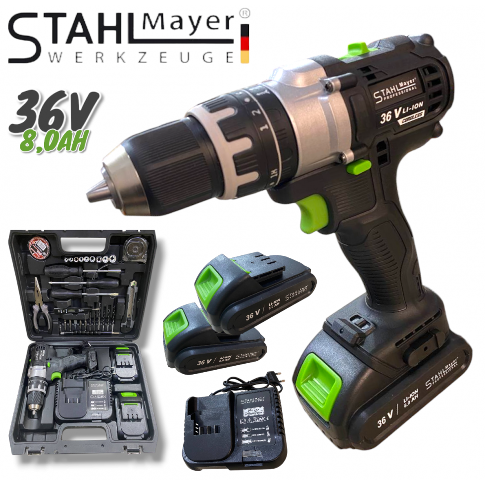 Акумулаторен Винтоверт 36V 8AH STAHLMAYER BLACK Серия + 40 части Инструменти Ударна Бормашина модел 2025 Акумулаторен Винтоверт 36V 8AH STAHLMAYER BLACK Серия + 40 части Инструменти Ударна Бормашина модел 2025