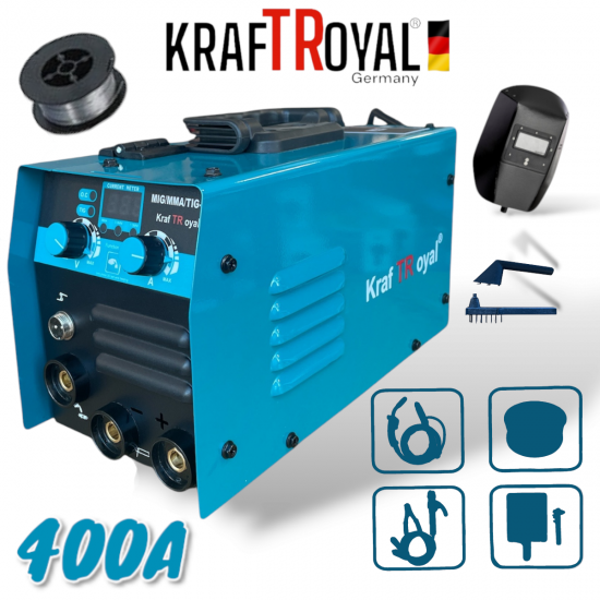 Телоподаващ Инверторен Електрожен 400А с телоподаващо 2в1 KRAFTROYAL Заваръчен Апарат MIG MMA TIG Телоподаващ Инверторен Електрожен 400А с телоподаващо 2в1 KRAFTROYAL Заваръчен Апарат MIG MMA TIG
