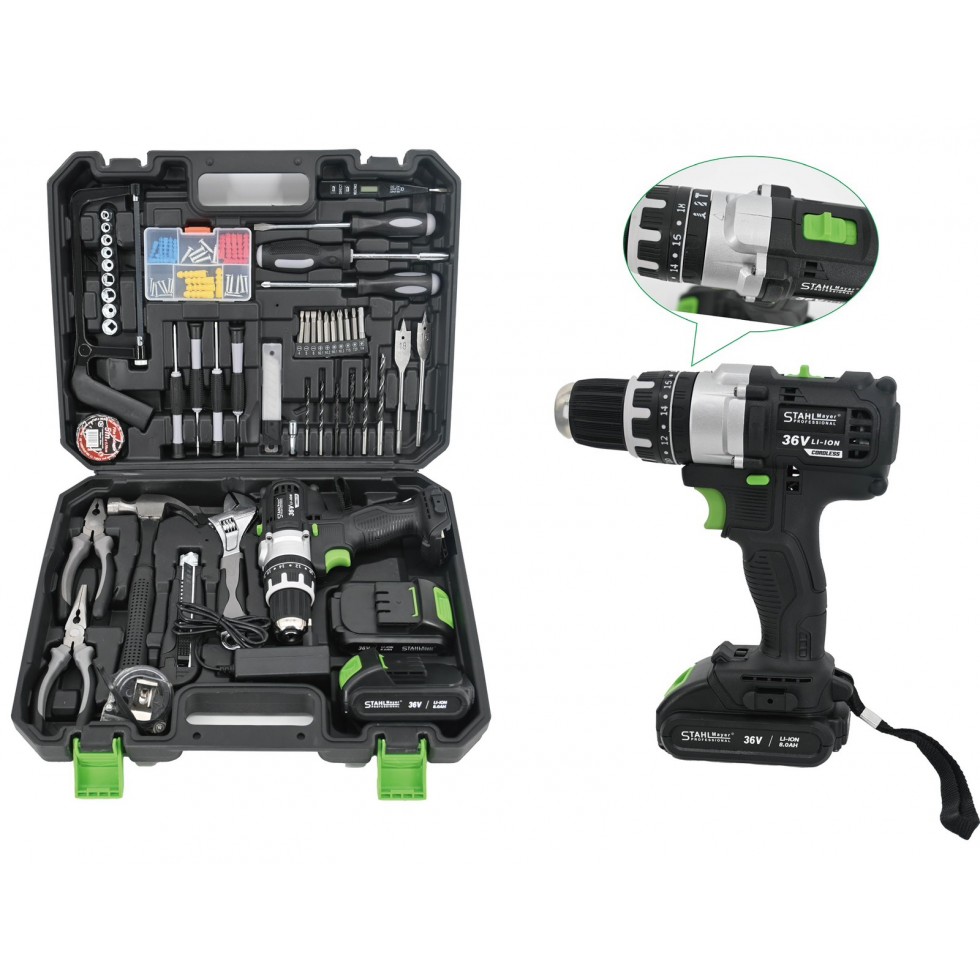 Акумулаторен Ударен Винтоверт / Бормашина 36V 8,0AH STAHLMAYER + 111 части инструменти 2 батерии Безчетков Акумулаторен Ударен Винтоверт / Бормашина 36V 8,0AH STAHLMAYER + 111 части инструменти 2 батерии Безчетков