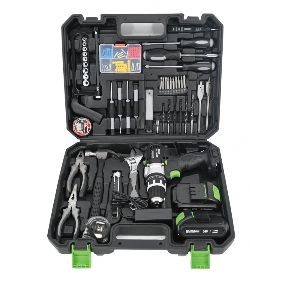 Акумулаторен Ударен Винтоверт / Бормашина 36V 8,0AH STAHLMAYER + 111 части инструменти 2 батерии Безчетков Акумулаторен Ударен Винтоверт / Бормашина 36V 8,0AH STAHLMAYER + 111 части инструменти 2 батерии Безчетков