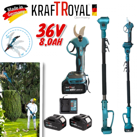 Акумулаторна Безчеткова Лозарска Ножица с Телескопичен Прът 36V 8,0AH KRAFTROYAL 2 Батерии Акумулаторна Безчеткова Лозарска Ножица с Телескопичен Прът 36V 8,0AH KRAFTROYAL 2 Батерии