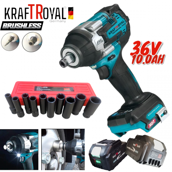Акумулаторен Комбиниран Безчетков Гайковерт / Импакт Безжичен Акумулаторен Безчетков KRAFT ROYAL 36V 10.0AH 2 Броя Батерия + 10 броя Удължени Ковани Вложки 10-24мм