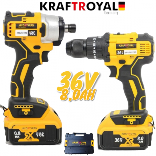 Импакт и Винтоверт Акумулаторен Безчетков 36V 8,0AH KRAFTROYAL Безжичнен Ударен 2в1 Комплект