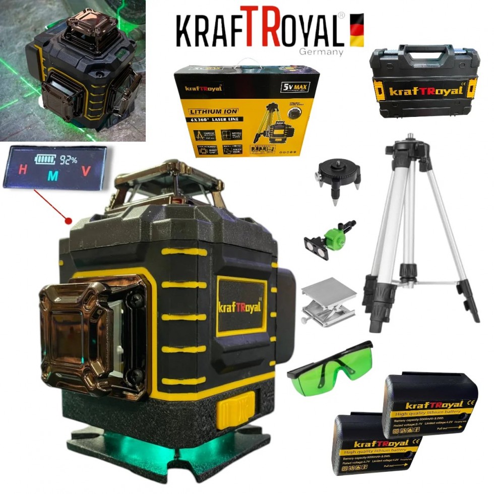 4D Лазерен Нивелир с 16 линии KRAFTROYAL 4Д Самонивелиращ със сензор индикация на батерия със тринога трипод стойка 4D Лазерен Нивелир с 16 линии KRAFTROYAL 4Д Самонивелиращ със сензор индикация на батерия със тринога трипод стойка