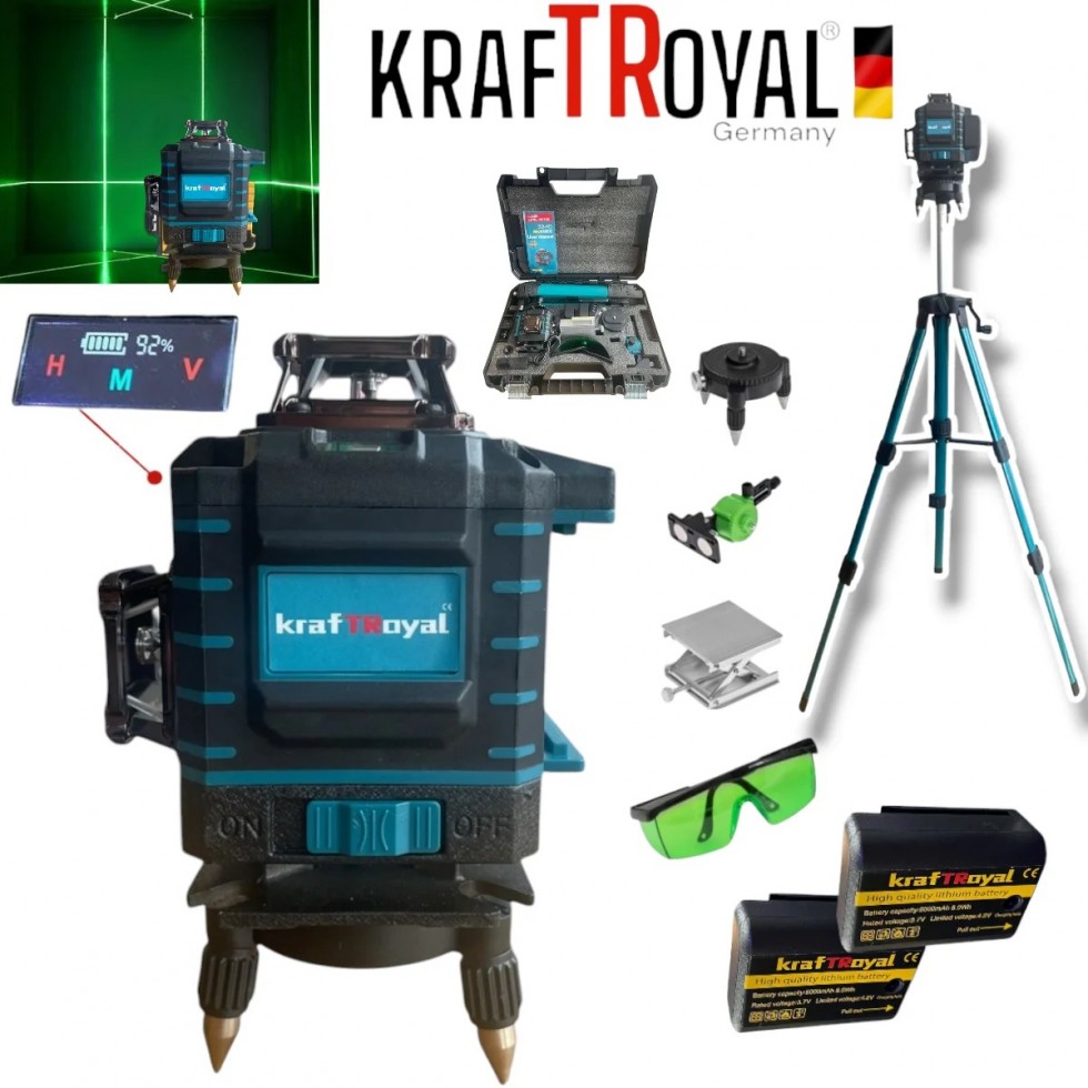 4D Лазерен Нивелир с 16 линии KRAFTROYAL 4Д Самонивелиращ със сензор индикация на батерия със тринога трипод стойка 4D Лазерен Нивелир с 16 линии KRAFTROYAL 4Д Самонивелиращ със сензор индикация на батерия със тринога трипод стойка