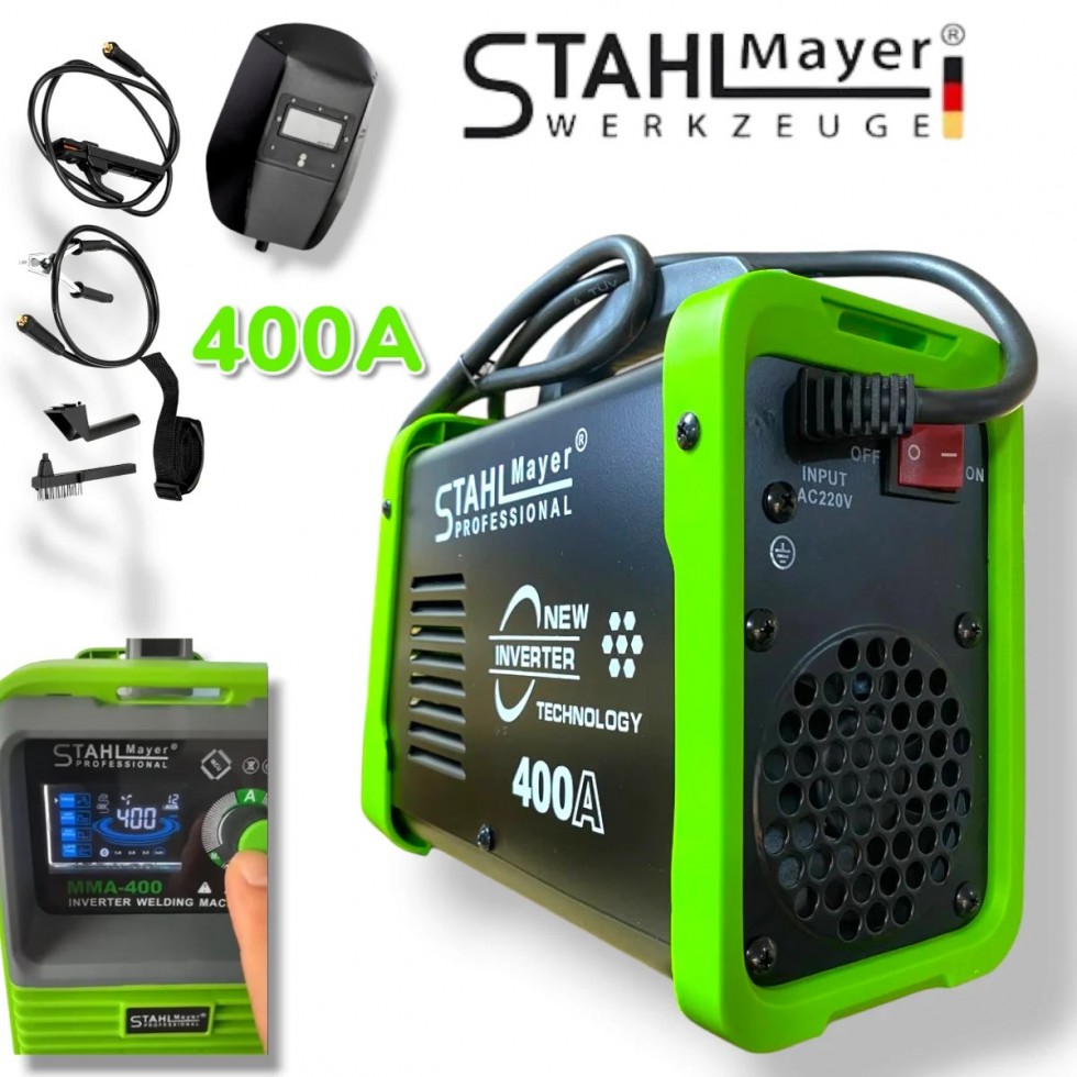 Електрожен Инверторен с LCD Дисплей 400А STAHLMAYER + Подарък Соларна Маска Шлем модел: 2025г. Електрожен Инверторен с LCD Дисплей 400А STAHLMAYER + Подарък Соларна Маска Шлем модел: 2025г.