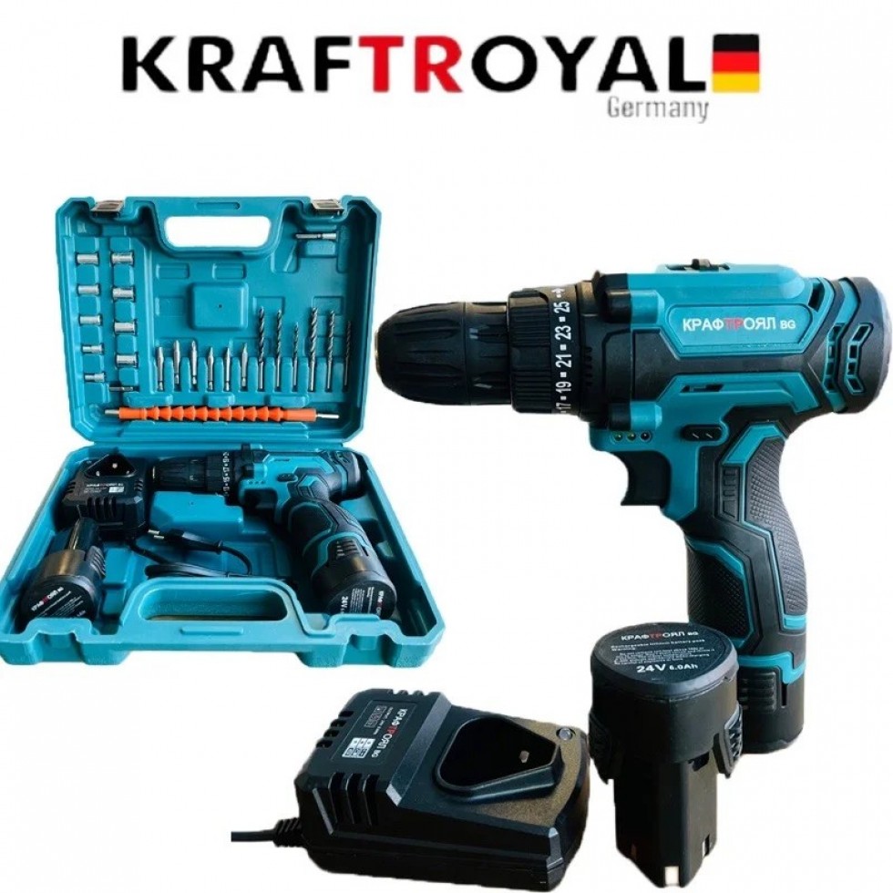 Акумулаторен Двускоростен Винтоверт 24V 5AH KRAFTROYAL + Приставка Адаптер Резачка за Клони Трион 18см шина и 30 части 2 батерии и зарядно Акумулаторен Двускоростен Винтоверт 24V 5AH KRAFTROYAL + Приставка Адаптер Резачка за Клони Трион 18см шина и 30 части 2 батерии и зарядно